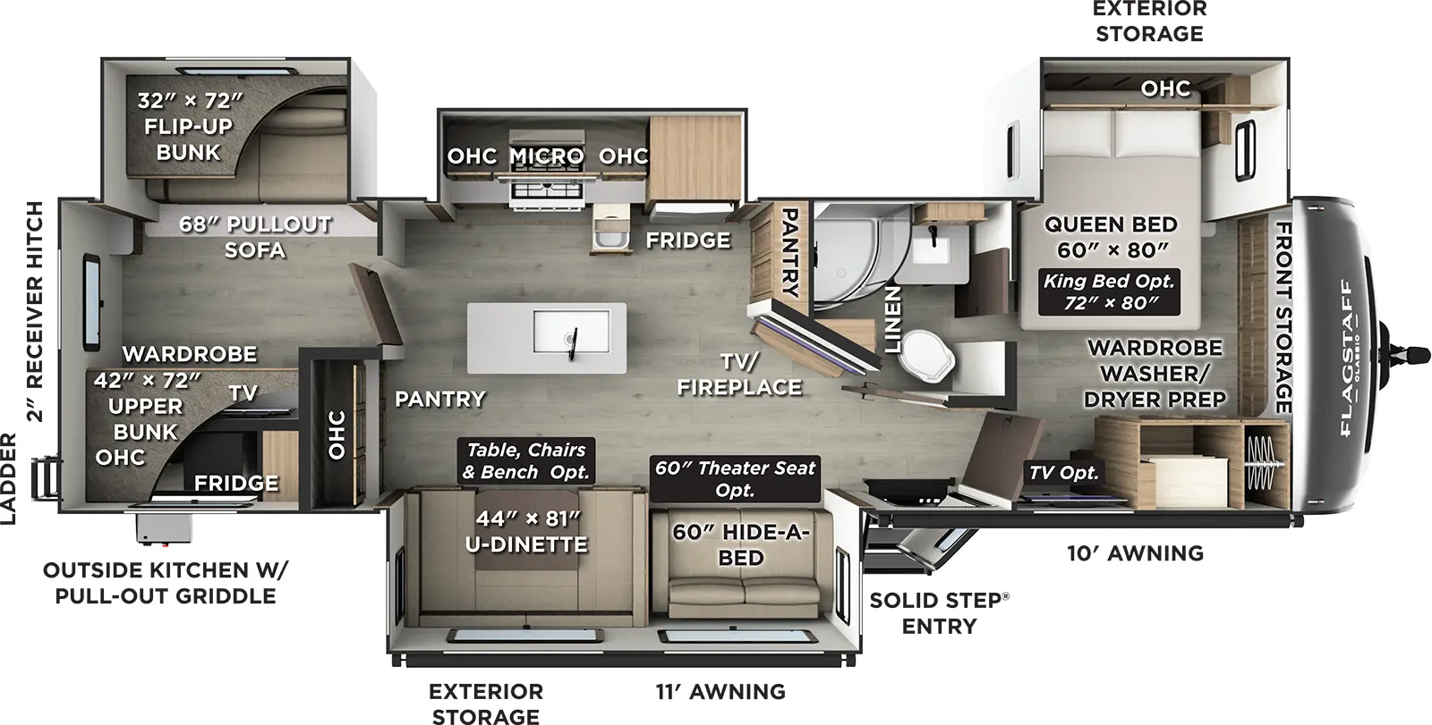 The Flagstaff Classic Travel Trailers 832BWS floorplan has one entry and four slide outs. Exterior features include: fiberglass exterior, 11' & 10' awning and outside kitchen. Interiors features include: bunk beds, kitchen island, u-dinette, front bedroom and pass through bathroom.